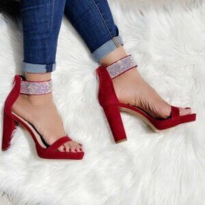Women's Rhinestone Ankle Band Chunky High Heels Wine Color